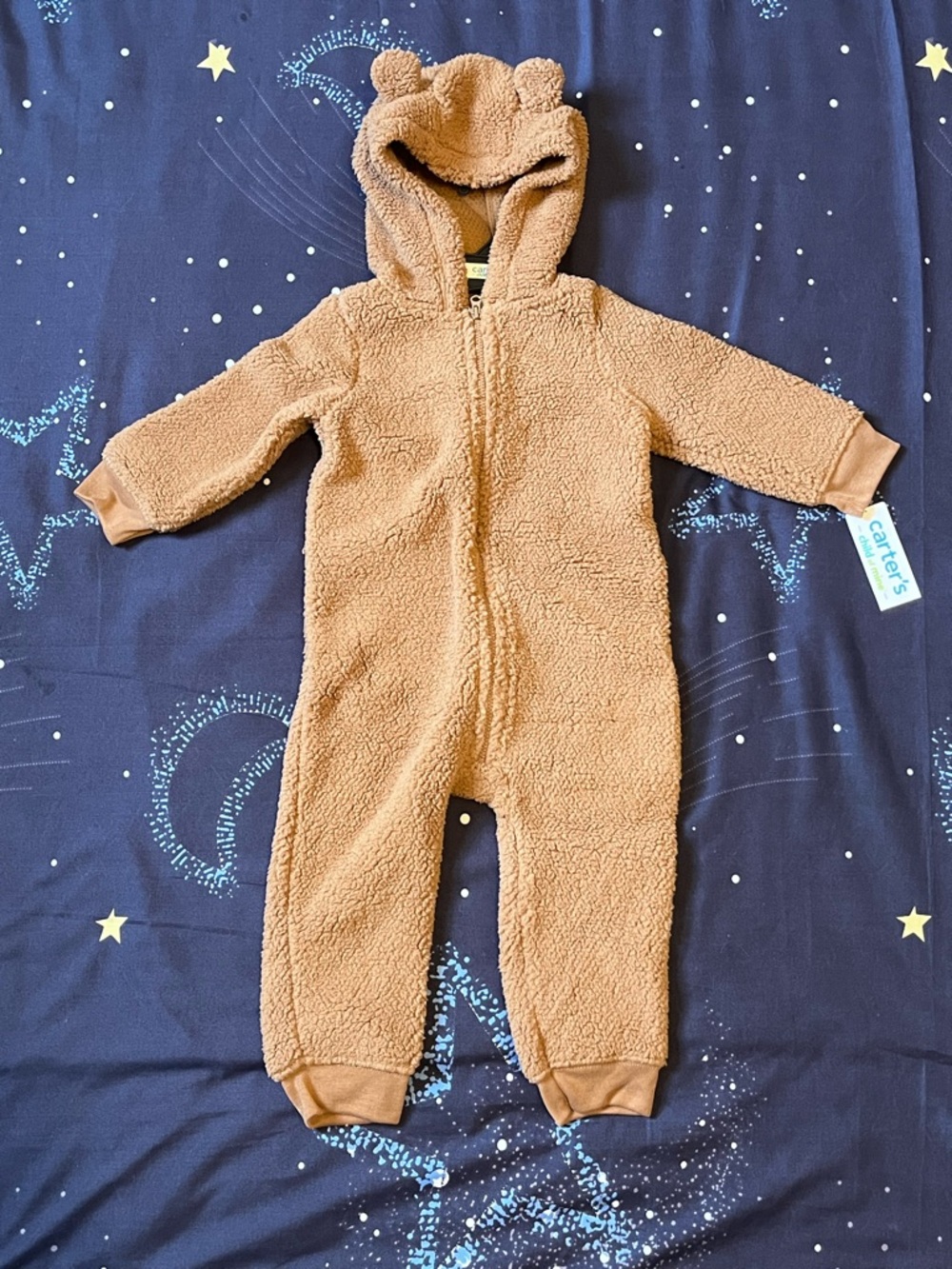 NWT Carter's 18 months  Tan Brown Teddy Fleece Hooded One-Piece Footie